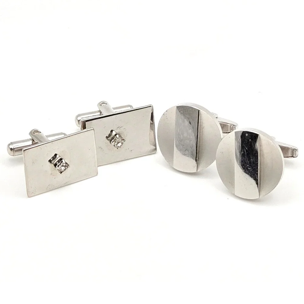 Vintage Silver Tone Round & Rhinestone Rectangle Foster Cufflinks Set of 2 Pairs